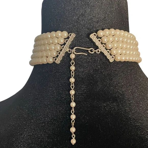 Vintage Kenneth Jay Lane 5 Strand Pearl With Art Deco Centerpiece Choker - Picture 4 of 6